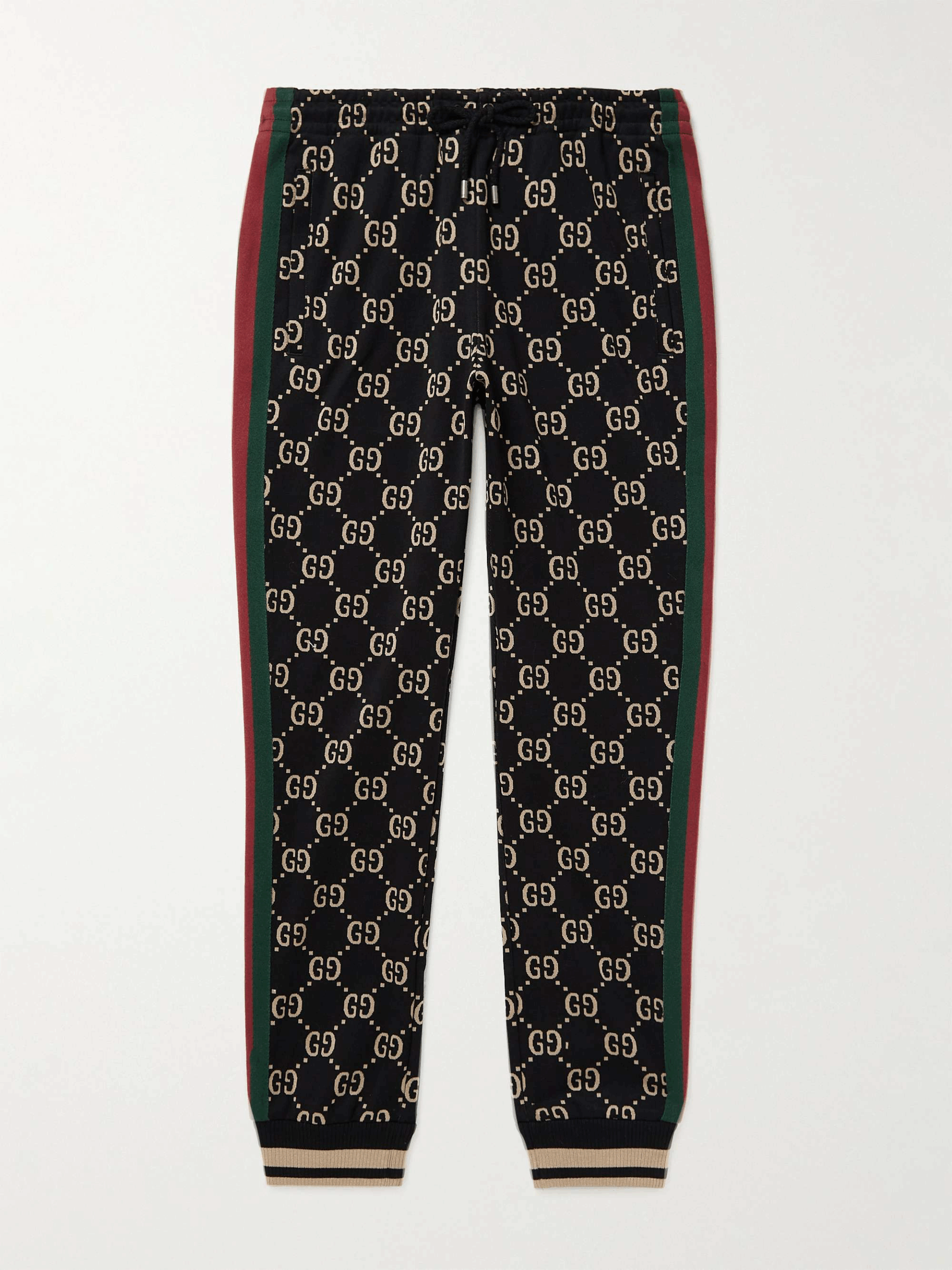 GUCCI Tapered Webbing-Trimmed Monogrammed Cotton-Jersey Sweatpants GG Pattern 'Black'
