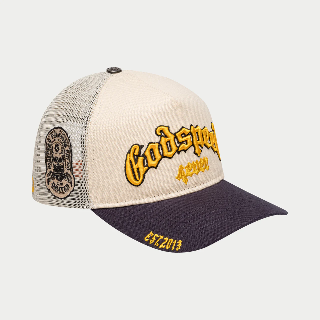 Second image of Godspeed Forever Trucker Snapback Hat – 'Cream Navy'