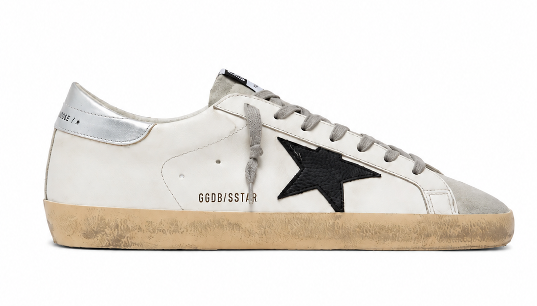 Golden Goose Super-Star White Leather with Black Star and Silver Heel Tab