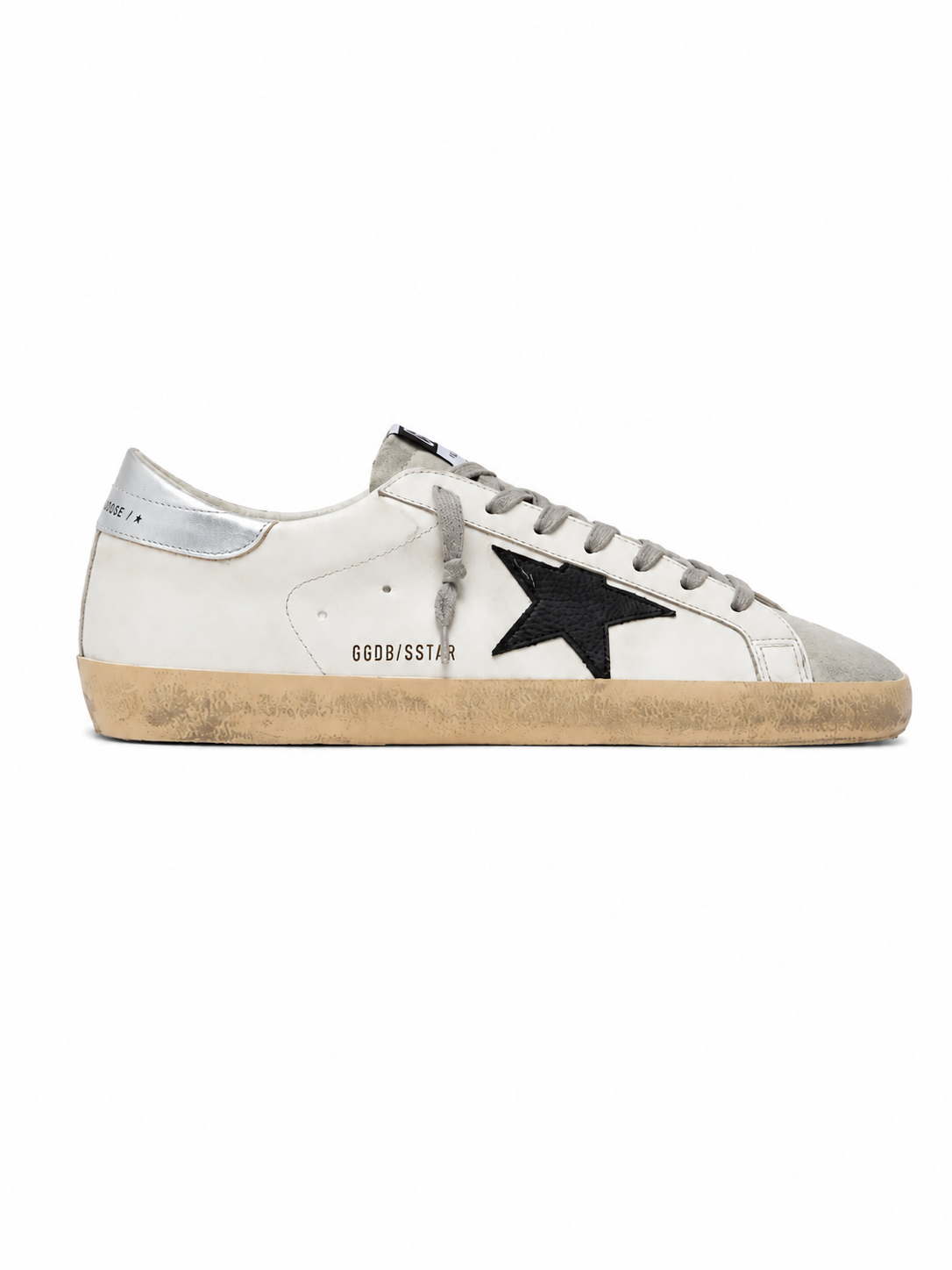 Golden Goose Super-Star White Leather with Black Star and Silver Heel Tab